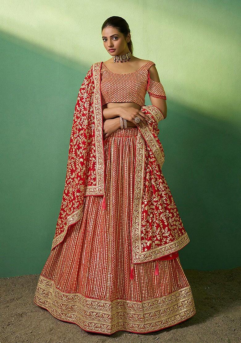 Red Emboridered Blended Lehenga Choli - Indya