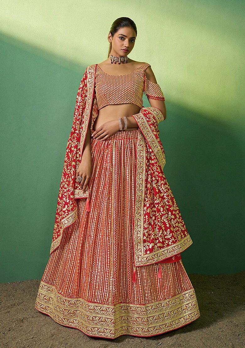 Red Emboridered Blended Lehenga Choli - Indya