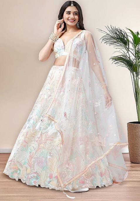 Off White Emboridered Blended Lehenga Choli — view on Indya
