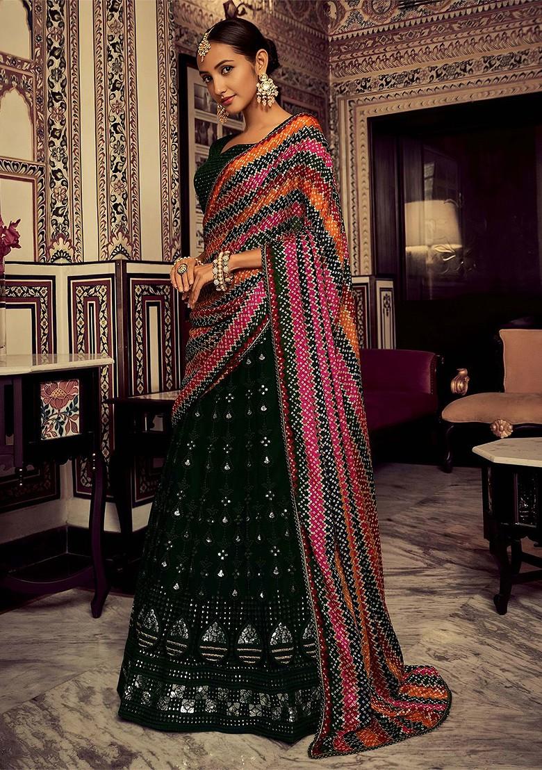 Green Emboridered Blended Lehenga Choli - Indya