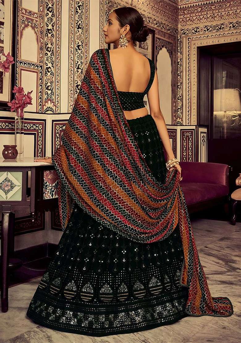 Green Emboridered Blended Lehenga Choli - Indya