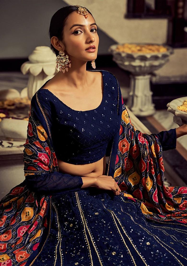 Navy Blue Emboridered Blended Lehenga Choli - Indya