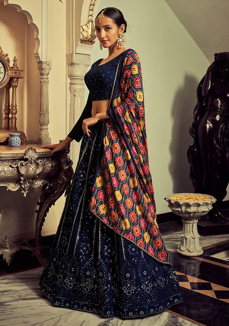 Navy Blue Emboridered Blended Lehenga Choli - Indya