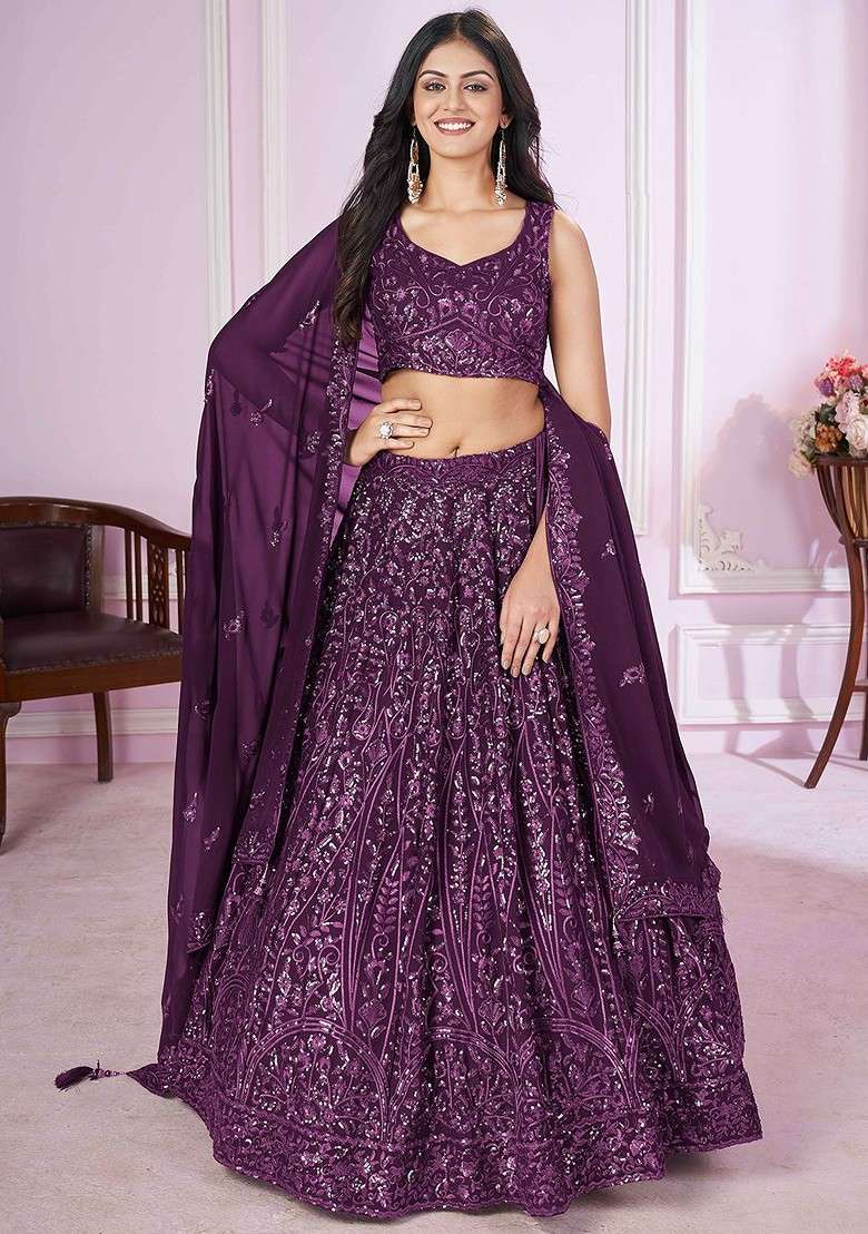 Purple Embellished Blended Lehenga Choli - Indya