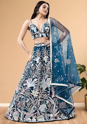 Blue Emboridered Blended Lehenga Choli