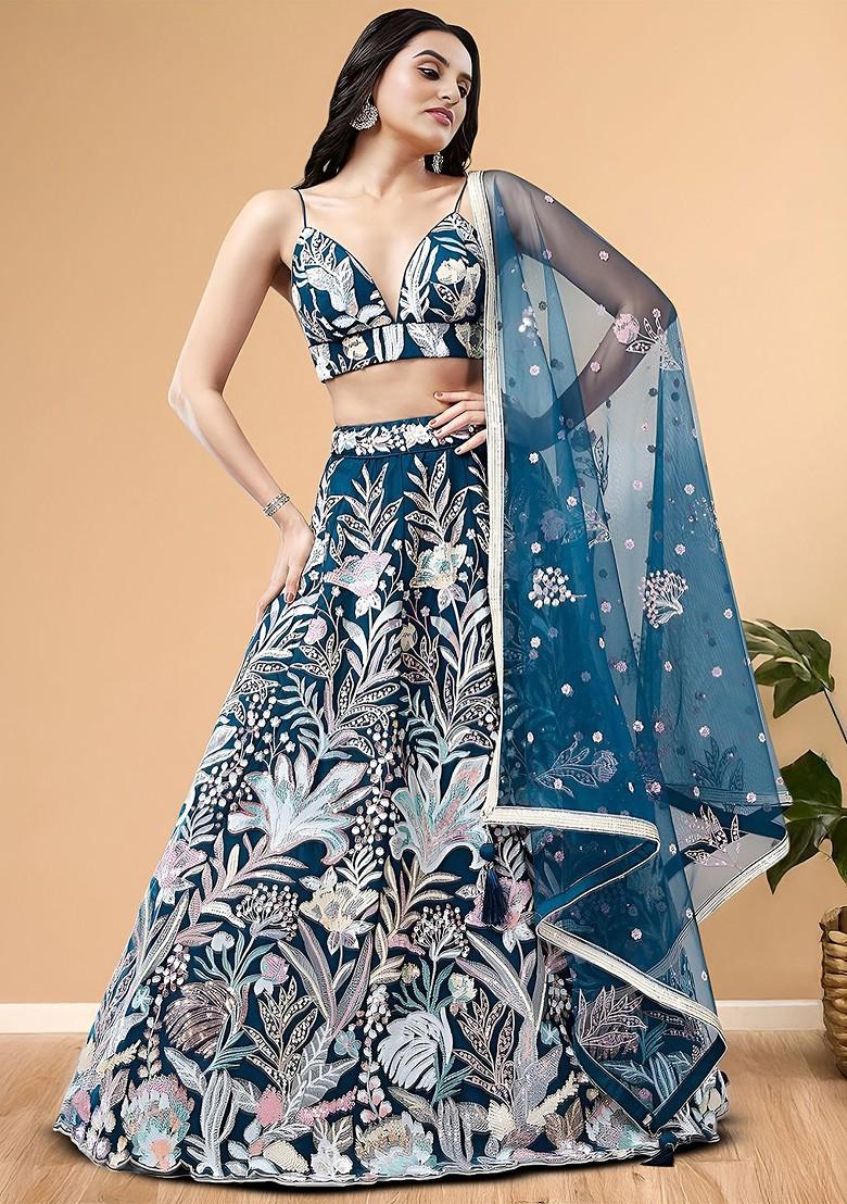 Blue Emboridered Blended Lehenga Choli - Indya
