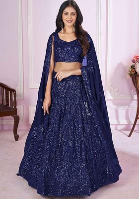 Blue Embellished Blended Lehenga Choli