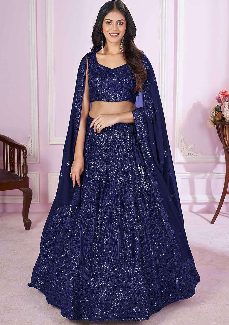 Blue Embellished Blended Lehenga Choli - Indya
