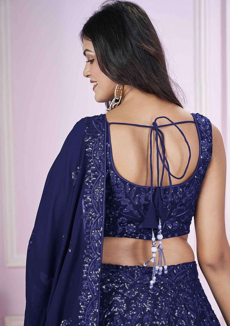 Blue Embellished Blended Lehenga Choli - Indya