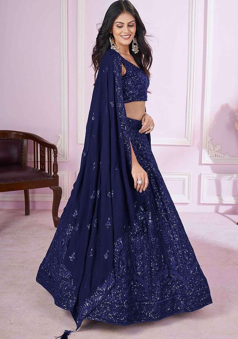 Blue Embellished Blended Lehenga Choli - Indya