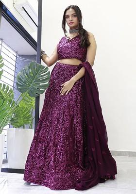 Purple Emboridered Blended Lehenga Choli