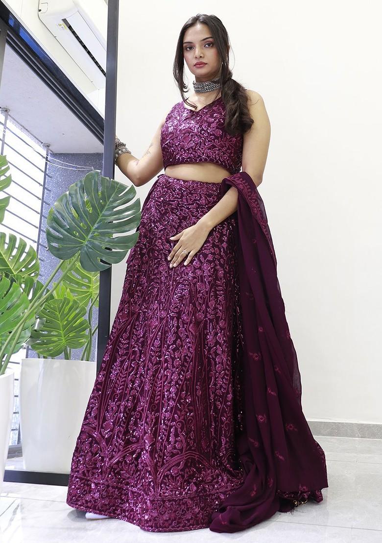 Purple Emboridered Blended Lehenga Choli - Indya