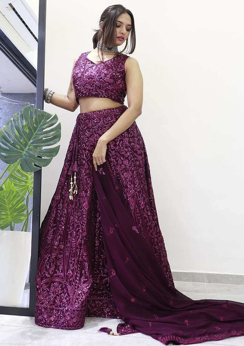 Purple Emboridered Blended Lehenga Choli - Indya