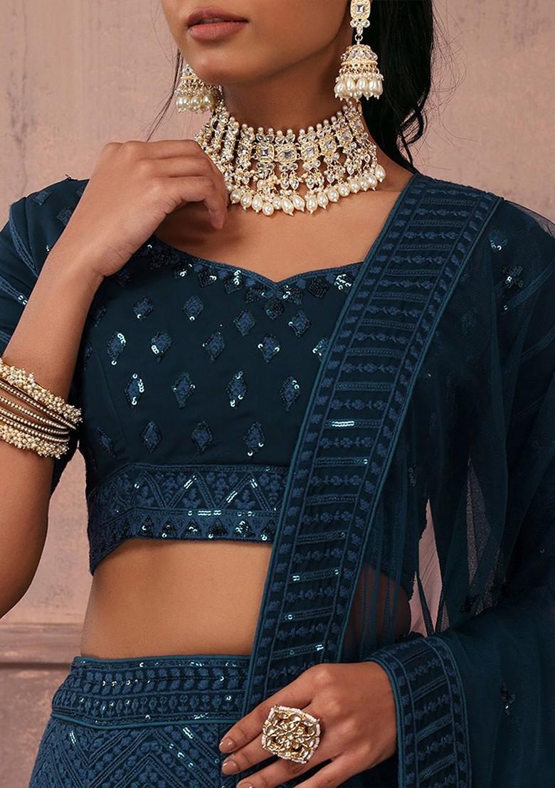 Teal Emboridered Blended Lehenga Choli - Indya