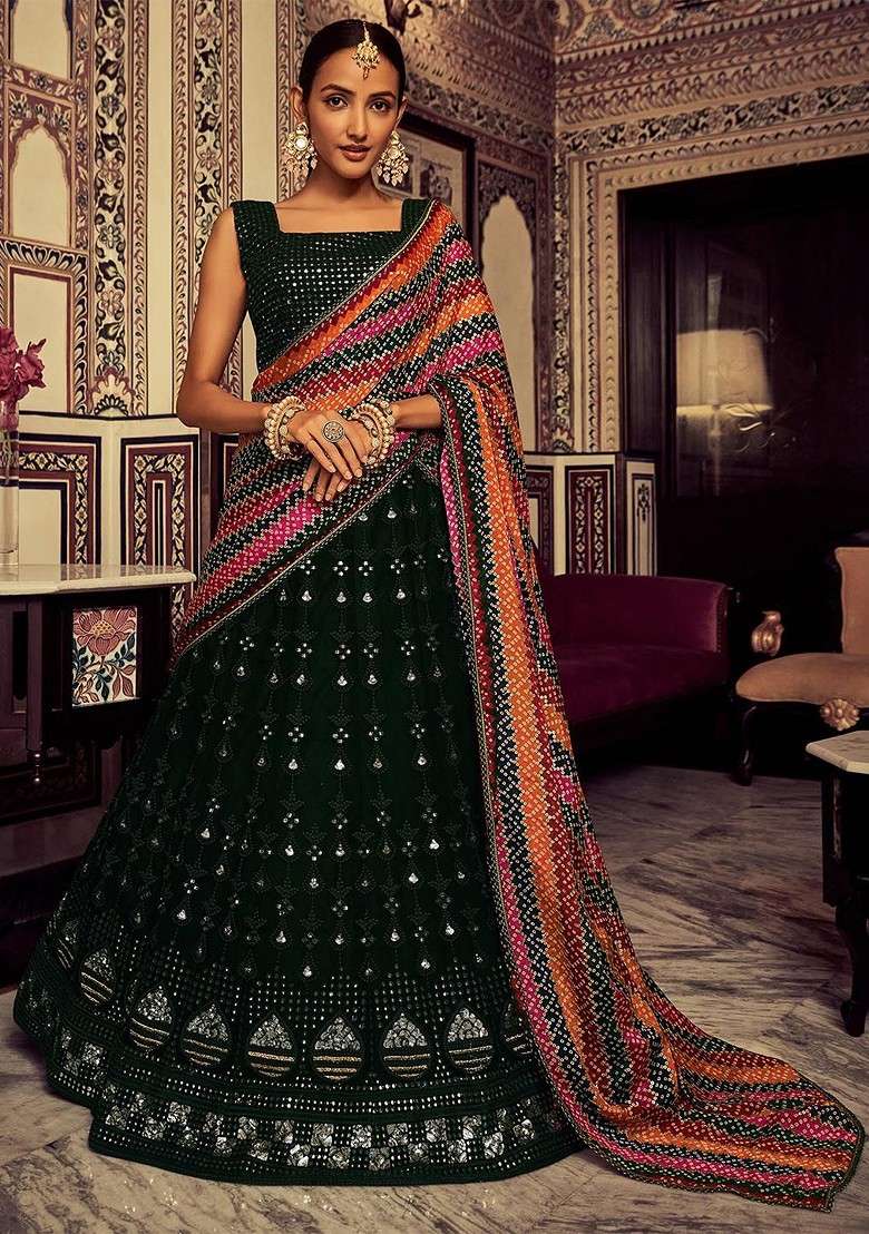 Green Emboridered Blended Lehenga Choli - Indya