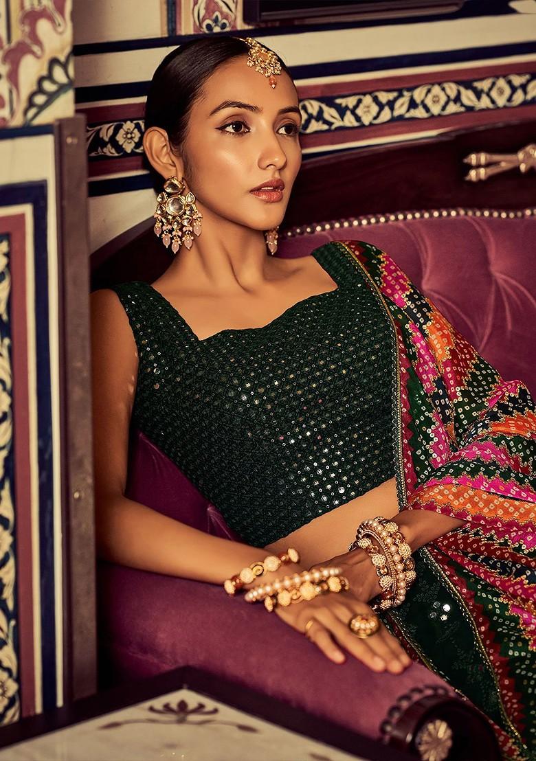 Green Emboridered Blended Lehenga Choli - Indya