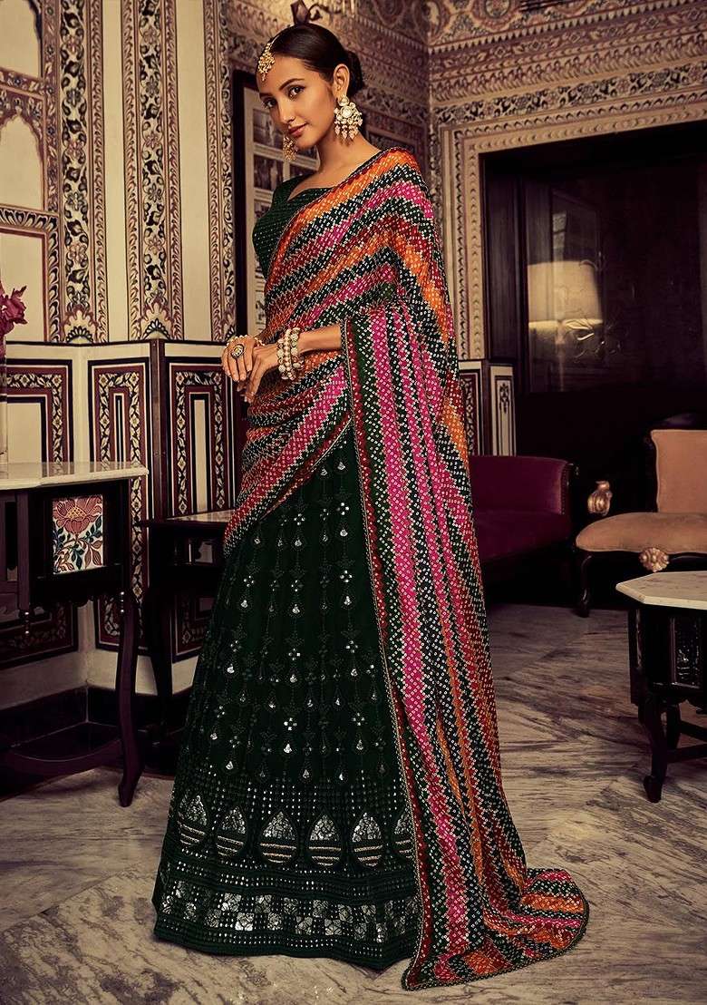 Green Emboridered Blended Lehenga Choli - Indya