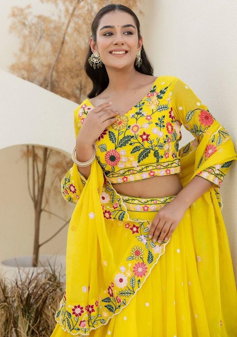 Yellow Emboridered Blended Lehenga Choli - Indya