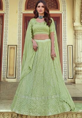 Green Emboridered Blended Lehenga Choli