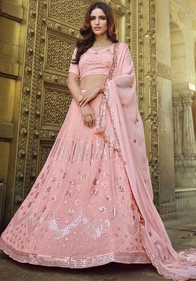 Peach Emboridered Blended Lehenga Choli