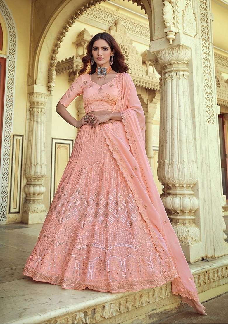 Pink Emboridered Blended Lehenga Choli - Indya