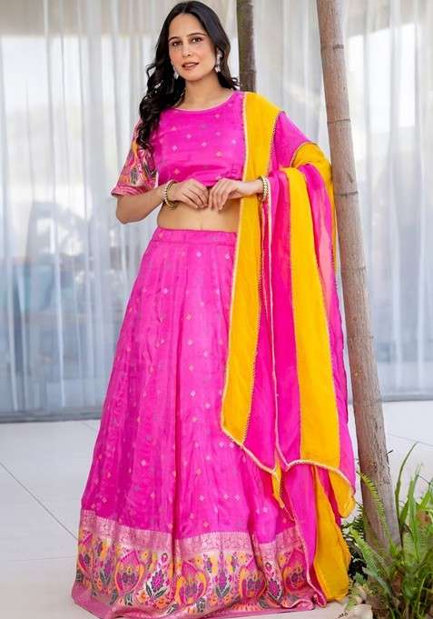 Pink Emboridered Blended Chaniya Choli Set For Navratri And Garba