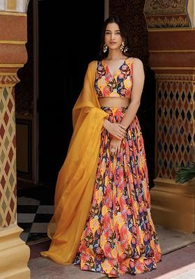 Mustard Printed Blended Lehenga Choli