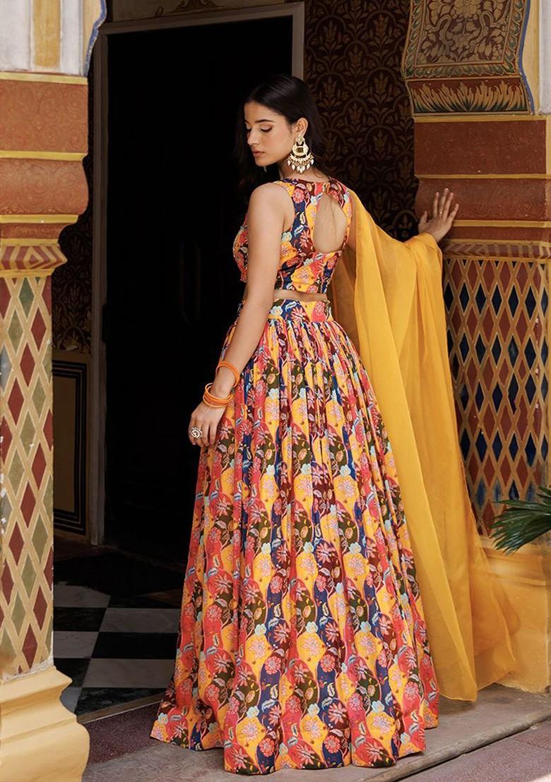 Mustard Printed Blended Lehenga Choli - Indya