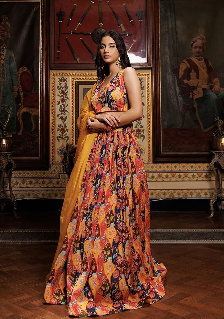 Mustard Printed Blended Lehenga Choli - Indya