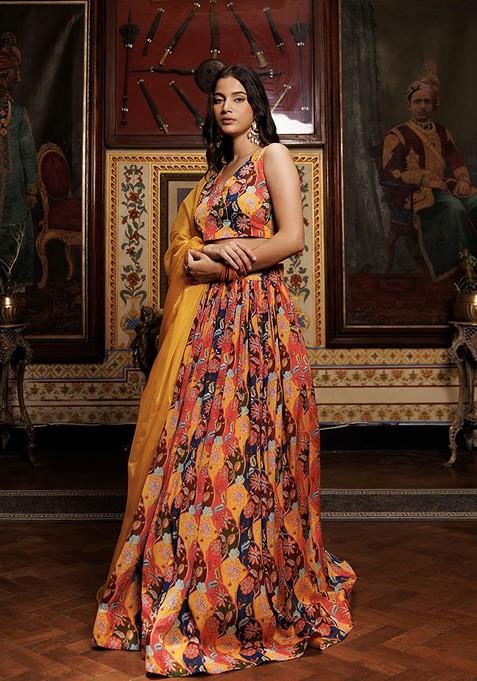 Mustard Printed Blended Lehenga Choli