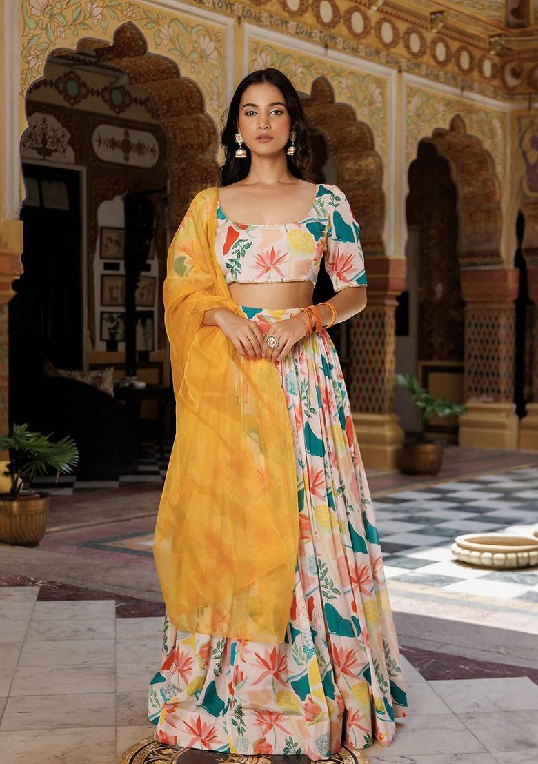 White Printed Blended Lehenga Choli - Indya