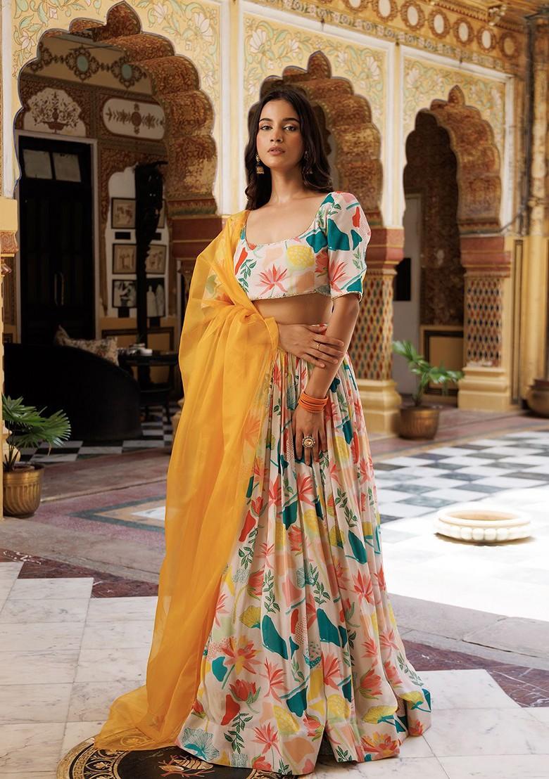 White Printed Blended Lehenga Choli