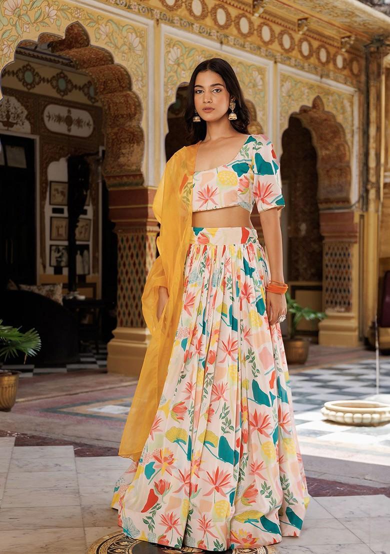 White Printed Blended Lehenga Choli - Indya