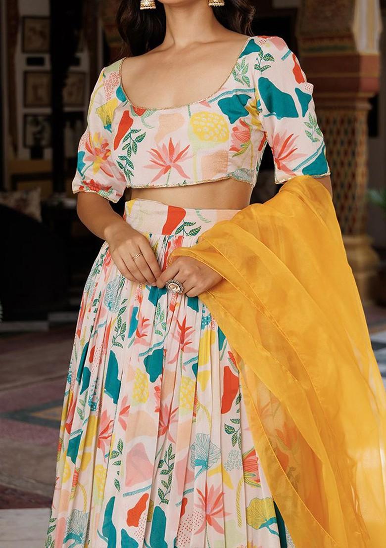 White Printed Blended Lehenga Choli