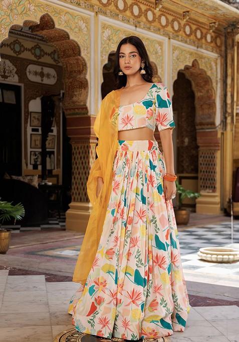 White Printed Blended Lehenga Choli