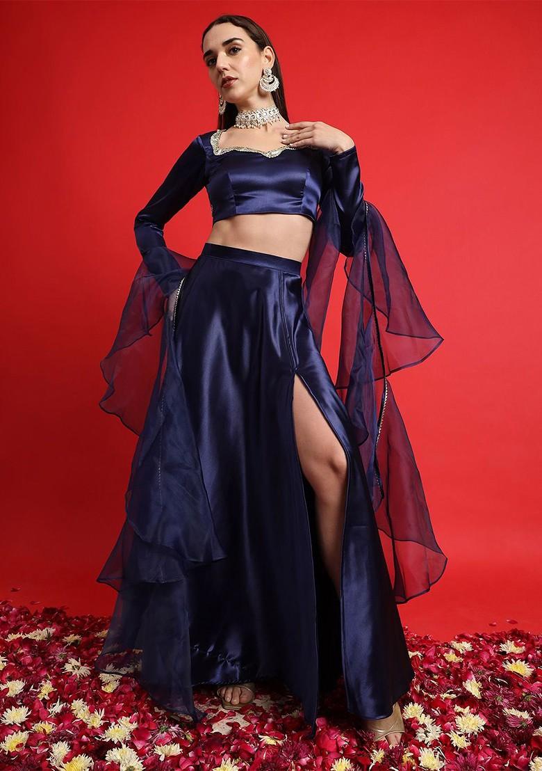 Navy Blue Embellished Blended Lehenga Choli