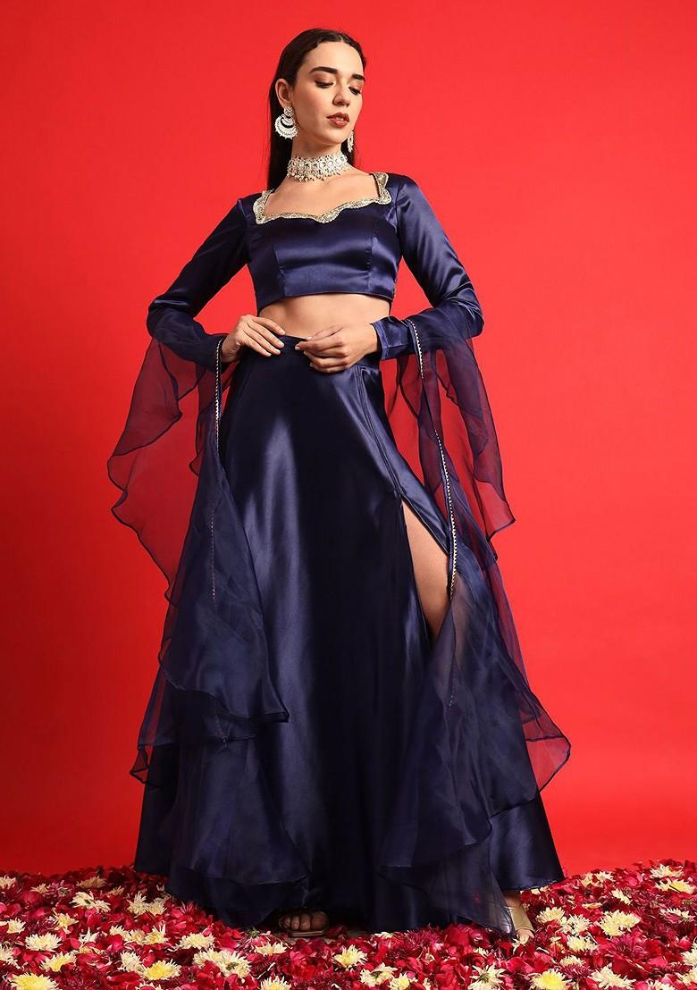 Navy Blue Embellished Blended Lehenga Choli - Indya