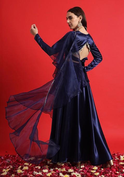 Navy Blue Embellished Blended Lehenga Choli