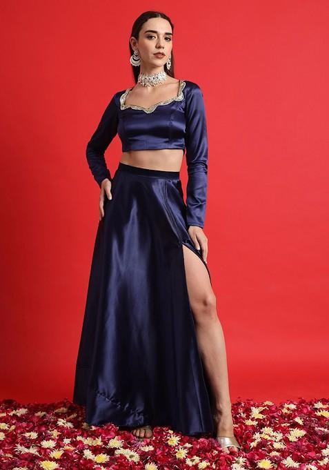 Navy Blue Embellished Blended Lehenga Choli