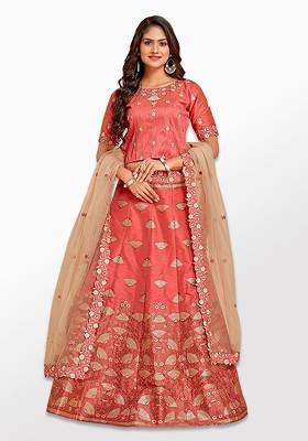 Peach Emboridered Blended Lehenga Choli