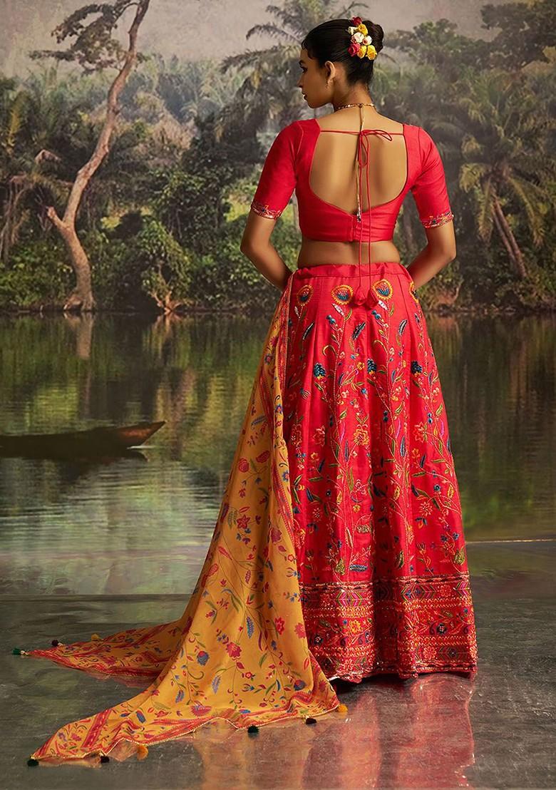 Red Emboridered Blended Lehenga Choli - Indya