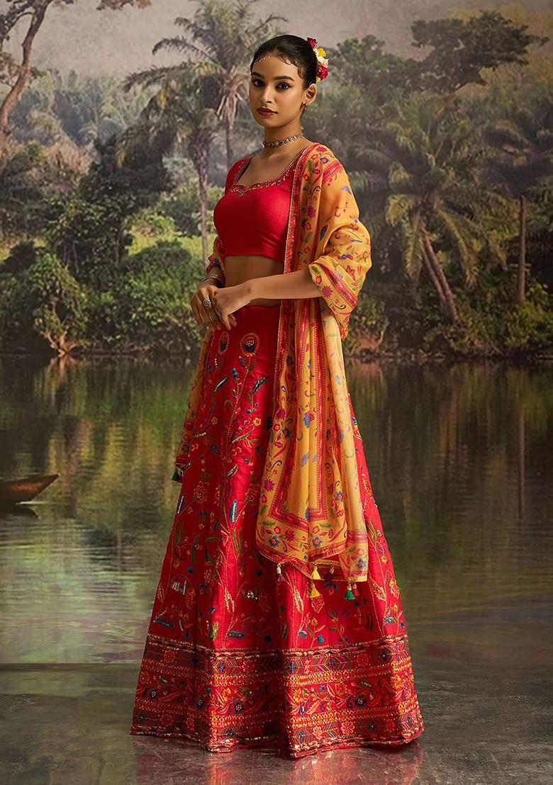 Red Emboridered Blended Lehenga Choli - Indya