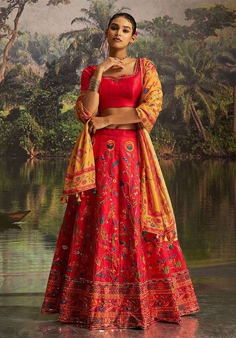 Red Emboridered Blended Chaniya Choli Set For Navratri And Garba