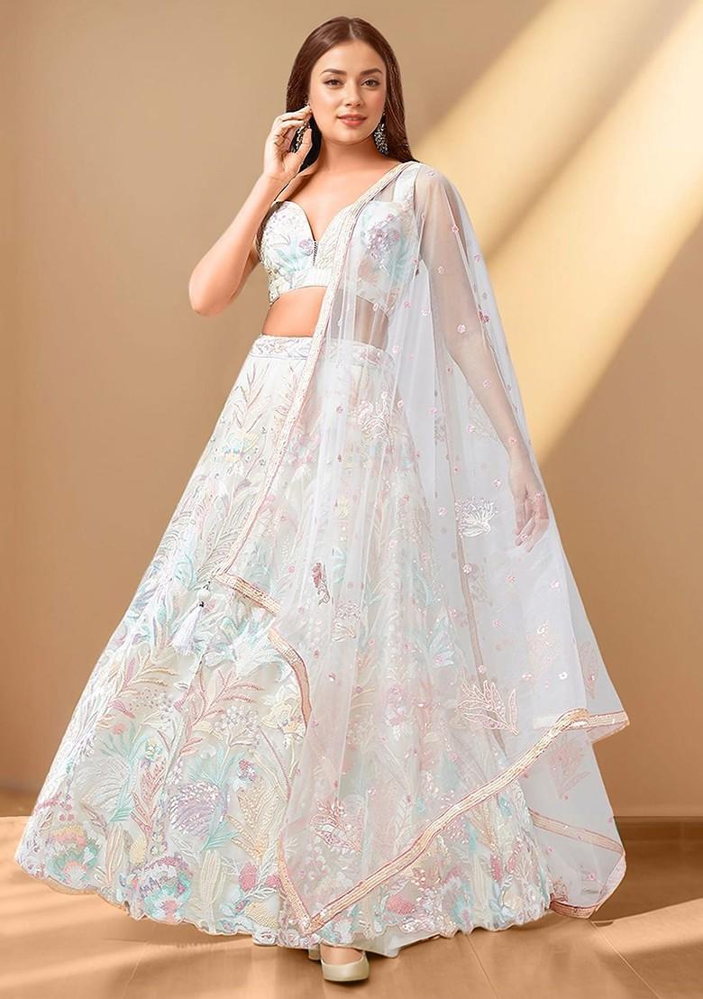 Off White Emboridered Blended Lehenga Choli - Indya