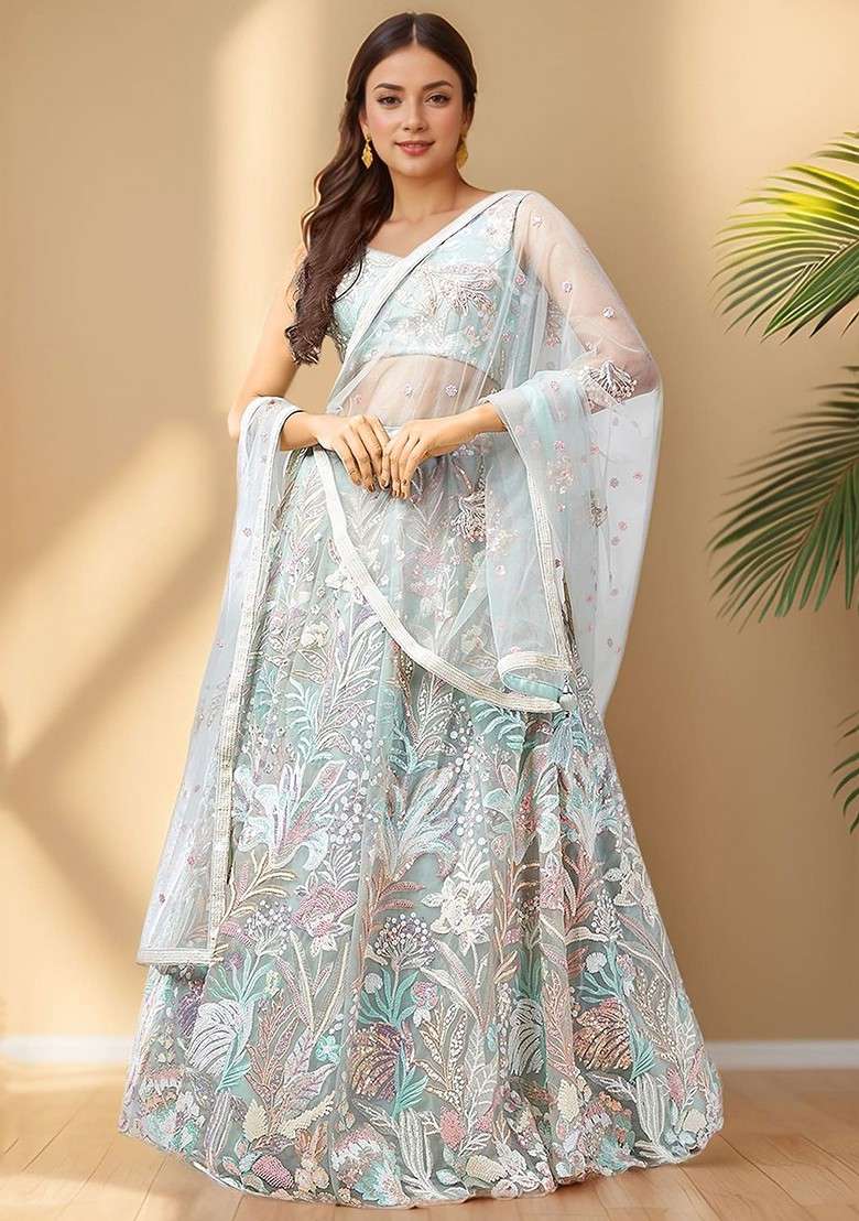 Green Emboridered Blended Lehenga Choli - Indya