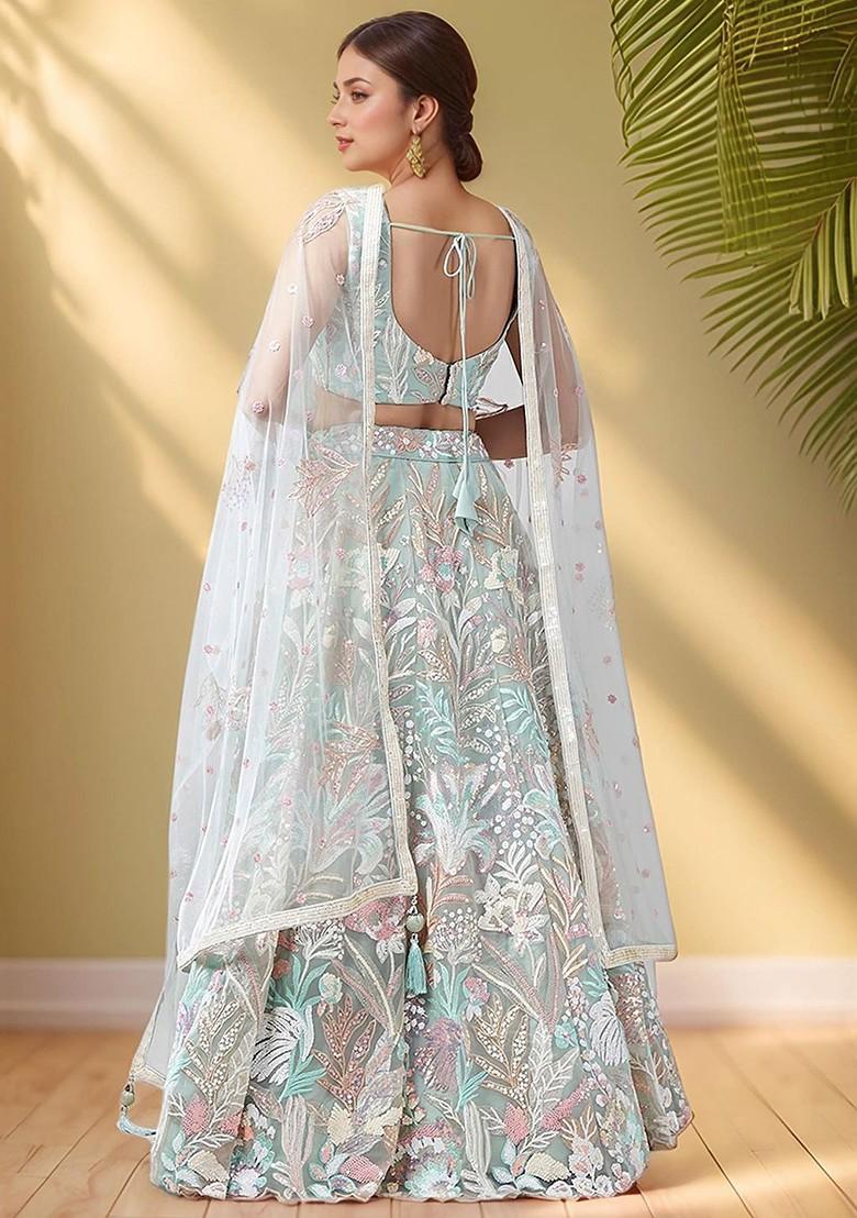 Green Emboridered Blended Lehenga Choli - Indya