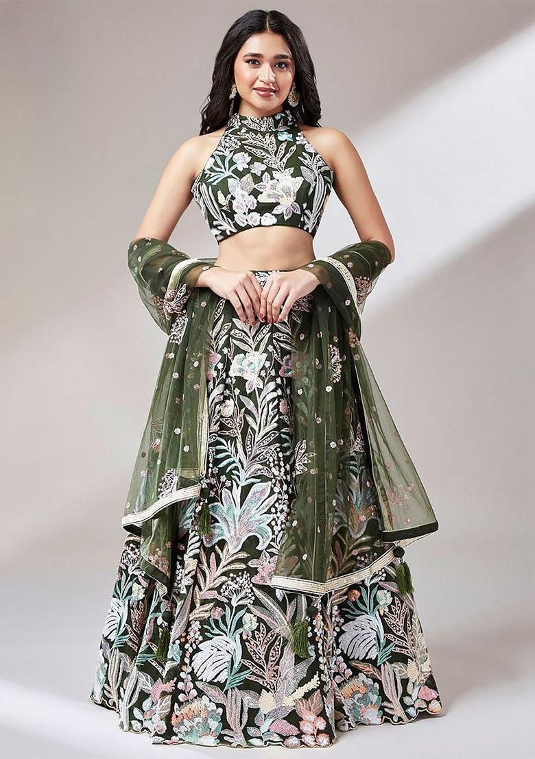 Green Embellished Blended Lehenga Choli - Indya