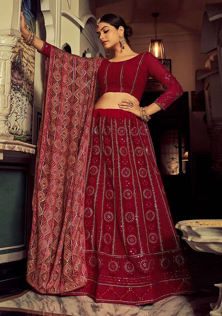 Maroon Embellished Blended Lehenga Choli - Indya