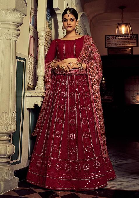 Maroon Embellished Blended Lehenga Choli — view on Indya