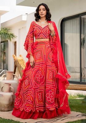 Red Printed Blended Lehenga Choli